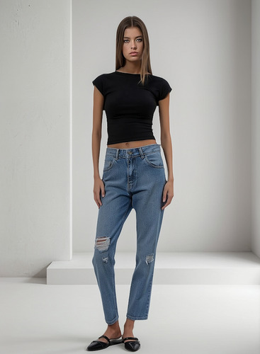 Pantalón Mom De Jean Rígido Tiro Medio - Roger