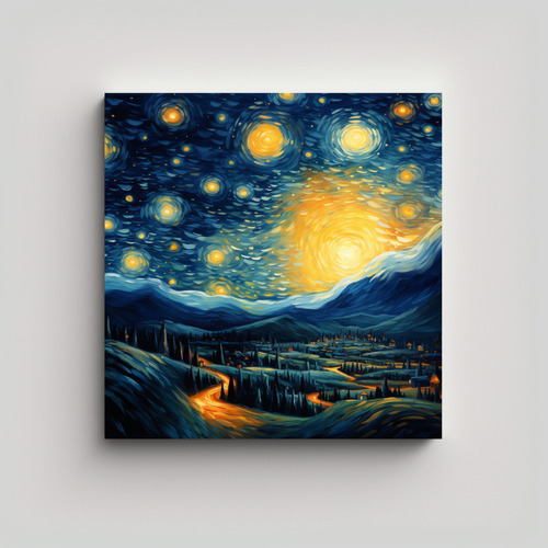 70x70cm Cuadro Noche Estrellada Y Lunas Hermosas Flores