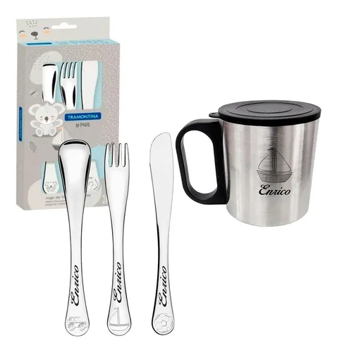 Kit 3 Talher Tramontina Le Petit Escolar Infantil Nome +copo