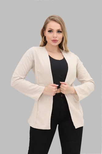 Blazer Feminino Linho Social Alfaiataria Casual Acinturado 