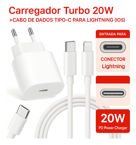 Carregador Turbo P/ iPhone 8 Plus X Xr 11 12 13 14 Pro Max