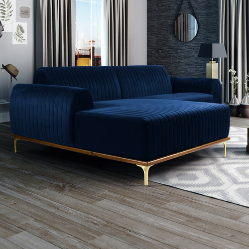Sofá 300cm 5 Lugares Com Chaise Esquerdo Pés Gold Molino B-3 Cor Azul-escuro Desenho Do Tecido Liso