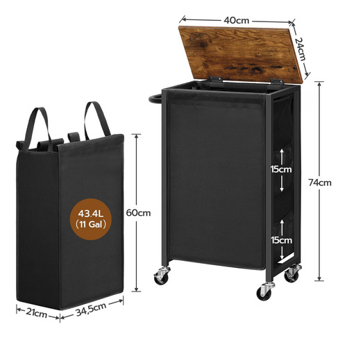 Cesto De Ropa Hoobro Slim Con Tapa, 42 L, Con Ruedas, Marrón