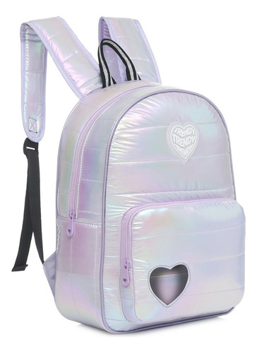 Mochila Escolar Puffer Metalizada Con Corazón Trendy Color Lila Diseño De La Tela Metalizado