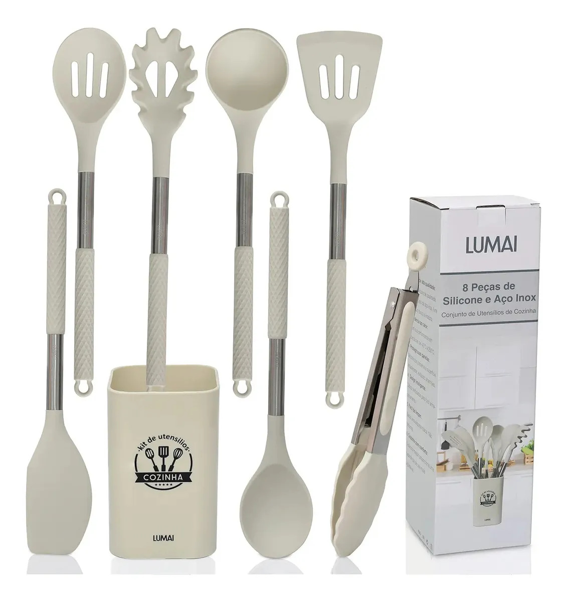 Kit De Utensilios De Cozinha Silicone Com Cabo Inox Grande Bege