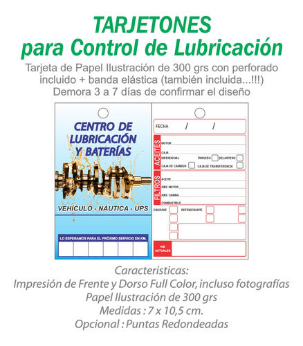 Tarjetas Cambio Aceite Filtro Lubricentro ( 1000 Unidades )