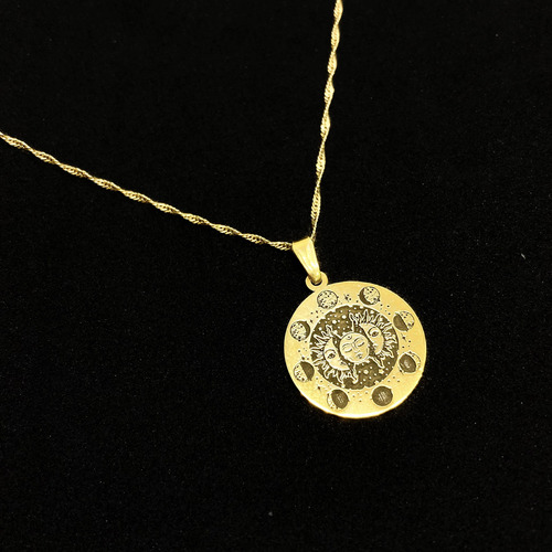 Cadena Y Dije Medalla Fases Lunares Luna Sol Oro 18k Oro 18k 55 Cm