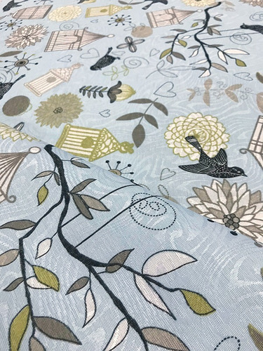 Tecido Para Parede Jacquard Pássaros 1m Cor Azul