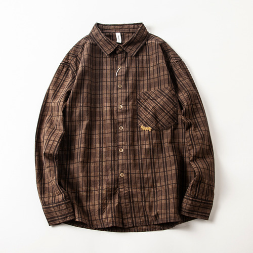 Camisa Casual De Manga Larga A Cuadros Con Bordado Coreano P