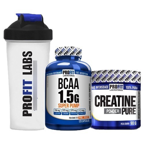 Kit Combo Bcaa + Creatina + Coqueteleira Profit - Completo!