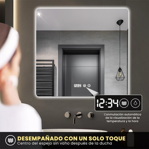 Espejo Led Baño Touch 3 Modo Con Antivaho Hora Temp 60x60cm