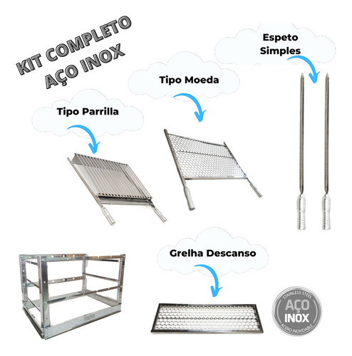 Kit Suporte Churrasqueira Bancada+ Grelha+ Espeto Inox 50x50