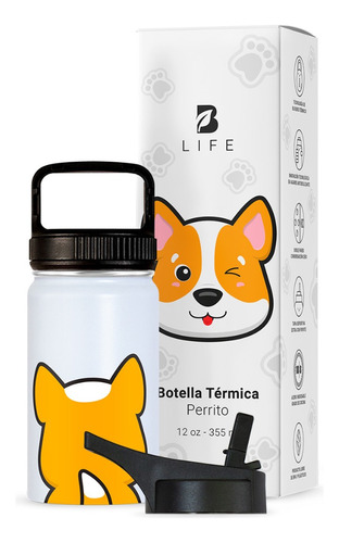 Termo De Agua Para Niños 355 Ml. Con Popote Y Asa. B Life Perro