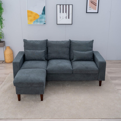 Sofá Modular Convertible En L 3 Plazas Tela Lino Gris Black Or Silver Diseño De La Tela