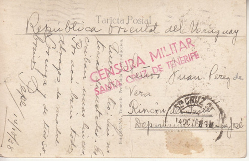 1938 Postal Islas Canarias Montevideo Marca Censura Militar 