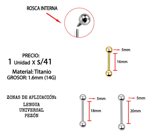 Piercing Rosca Interna Titanio Barra Lengua Pezón Unisex 1