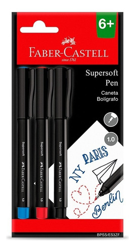 Caneta Faber-Castell Hidrográfica SuperSoft Pen - Ponta Fina 1.0mm - Conjunto 3 Cores Vibrantes