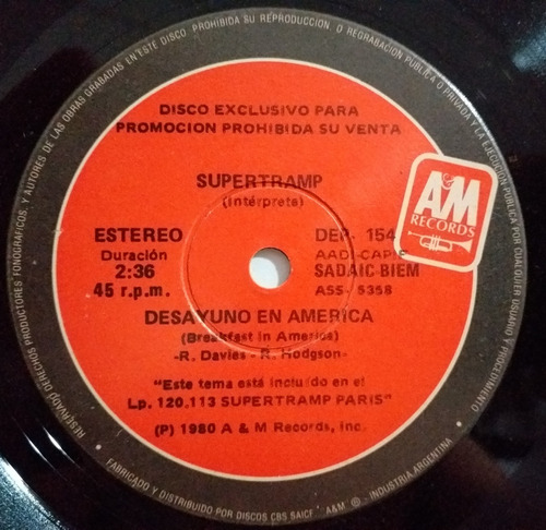 Supertramp - Desayuno En America - Simple Promo 1980 Dep-154