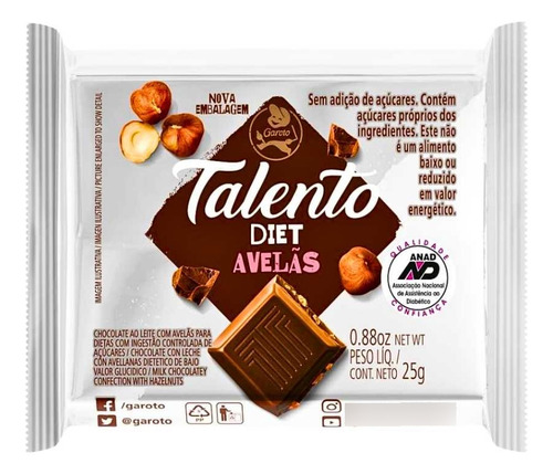 6 Caixas Chocolate Talento Diet Zero Açúcar Garoto 15un Cada
