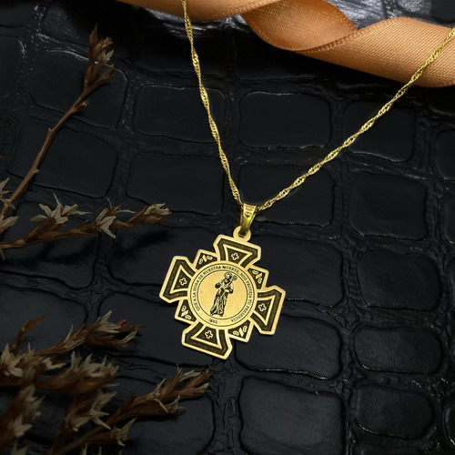 Cadena Y Dije Cruz San Benito Oro 18k Amarillo 50 Cm