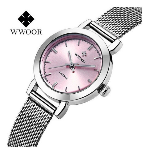 Reloj analógico luminoso Wwoor Mesh Belt para mujer, color de fondo rosa