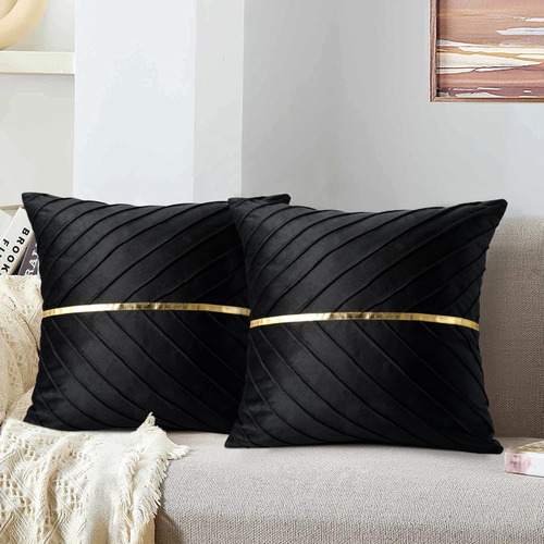 Fundas De Cojin Color Negro Con Franja Dorada 40x40cm 2 Pzs