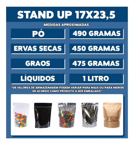 500 Saquinhos Abre E Fecha Stand Up Pouch 17x23,5 Metalizado