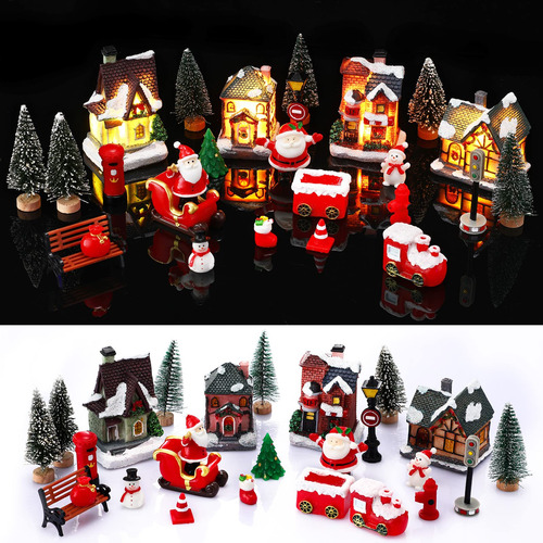 Juego De 26 Casas De Pueblo De Navidad Iluminadas Con Figuri