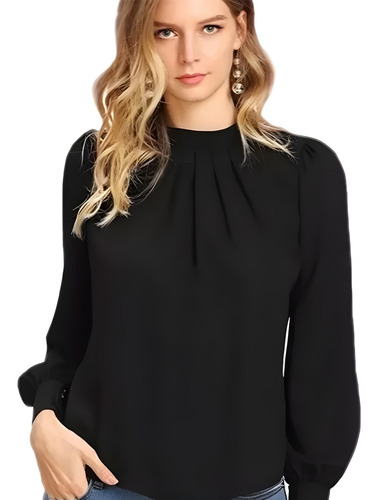 Blusa  Casual De Cuello Mangas Abullonadas Redondo De Mujer