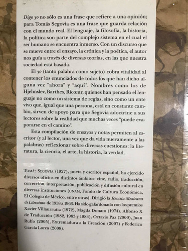 Digo Yo (lengua Y Estudios Literarios): Digo Yo (lengua Y Estudios Literarios), De Tomás Segovia. Editorial Fondo De Cultura Económica, Tapa Blanda, Edición 1 En Español, 2011