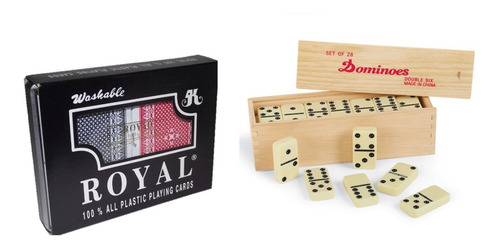 Combo Domino Juego Mesa Caja Madera Cartas Poker Royal