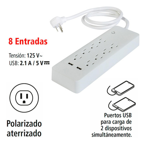Multicontacto Iusa 8 Entradas C/supresor De Picos Y 2 Usb