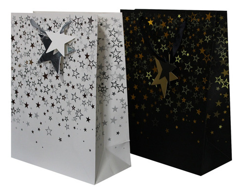 Imagem 3 de 3 de Sacolas Para Presentes Decoradas Kraft Estrelas Com 12