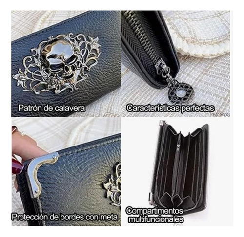 Cartera Larga Calavera Con Cremallera Estilo De Cuero