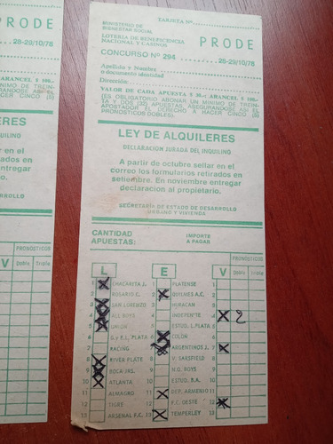 2 Boletas Prode Concurso 294 Fecha De Quilmes Campeón 1978 (Usado)