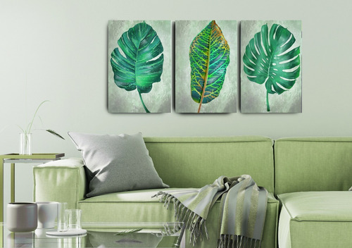 Imagem 2 de 5 de Kit 3 Quadros Folhagem Verde 60x40 Decoração Sala Quarto R9