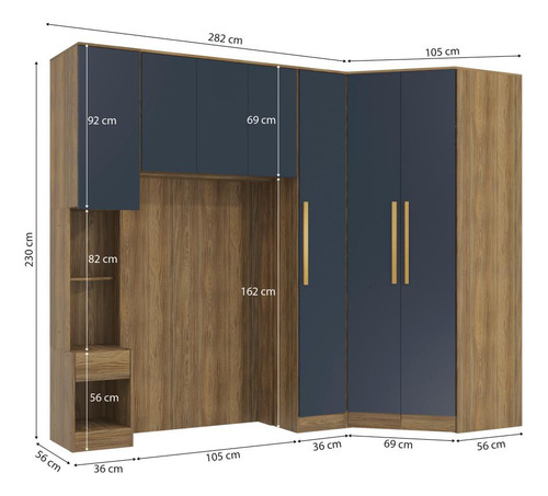 Quarto Modular Kappesberg Adapt Nogueira/azul Profundo 5 Pçs