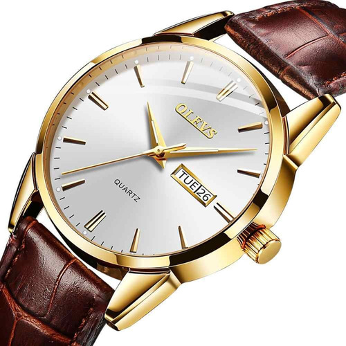 Relógio Masculino Dourado Casual Olevs Pulseira Em Couro Cor da correia Marrom Cor do fundo Branco