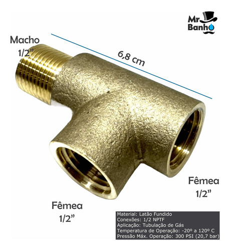Kit 06 Conexão Te T Latão Rosca 1/2 Mxfxfêmea Instalação Gás