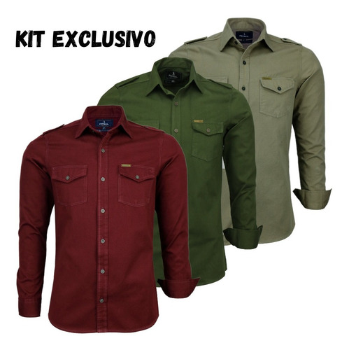 Kit 03 Camisas Masculina Slim Paris M Longa Estilo Militar