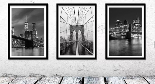 Set 3 Cuadros 24x33 Ciudades Marco Negro Y Vidrio.