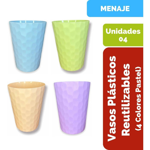 Set De 4 Vasos Plásticos Reutilizables De Colores Pastel Color Variado