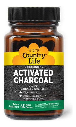Country Life Carbón Activado, Ayuda Digestiva, 260 Mg, 40 .