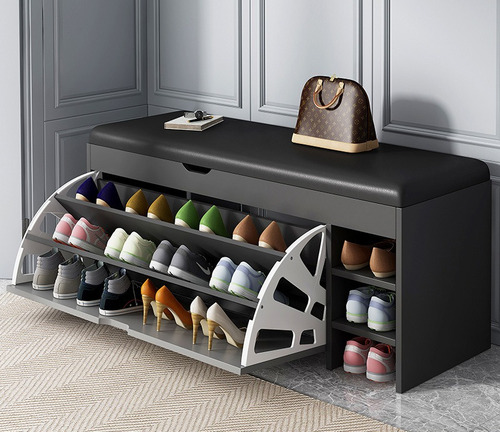 Zapatera Mueble Con Compartimentos Taburete Tapizado Moderno Gris