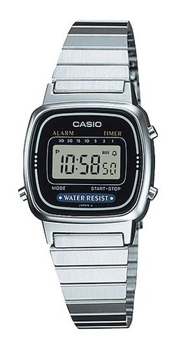 Reloj Casio Dama Vintage Retro La670wa1d Crono Alarma Newmar Color de la malla Plateado Color del bisel Plateado Color del fondo Negro