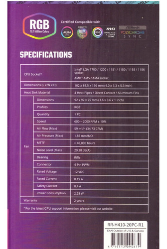 Cooler Master Hyper H410r Rgb Led P/ Cpu Lga 1700 Intel