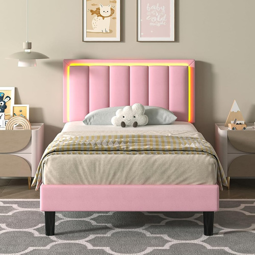 Base De Cama Individual Color Rosa C/cabecera Con Luz Led