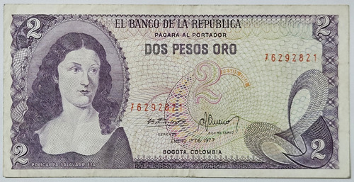 Billete 2 Pesos 01/ene/1977 Colombia Vf