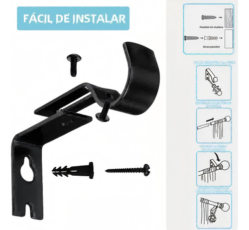 Tenswall Soporte Set 6 Cortinero Para Pared Ajustable Gancho Color Negro