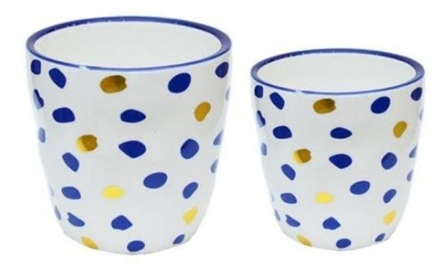 Conjunto De Vaso Cachepot Porcelana - Azul Com Bolinhas Cor Azul/branco